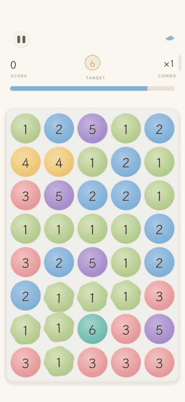 Ten·su gameplay — a board of numbered droplets under a target and timer
